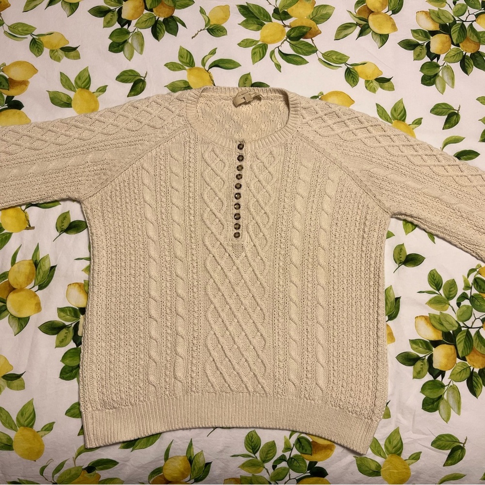 Sezane Ivory Cable Knit Sweater with Button Detail